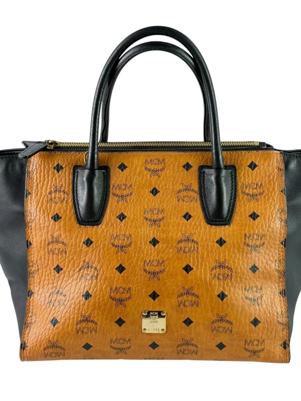 MCM Tan & Black Leather Visetos Kathy Double Zip Tote Bag
